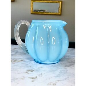 Vintage Fenton Blue Overlay Melon Glass Pitcher with Clear Handle | Mid-Century
